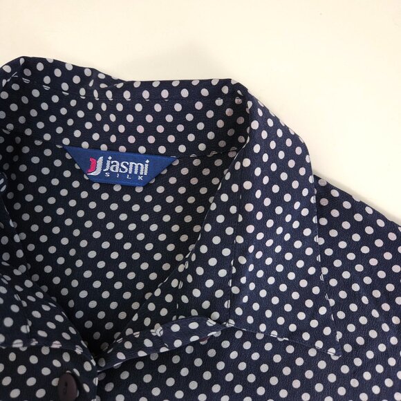 Vintage silk polka dot button down blouse navy, white - Picture 10 of 11